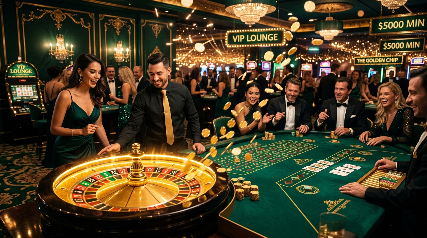 High-roller VIP casino table with roulette wheel, cards, and glowing golden chips at Ace58